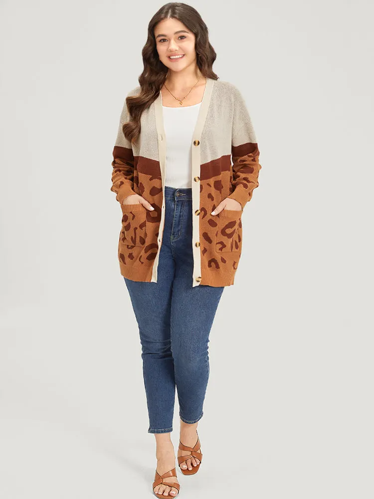 Leopard Print Contrast Button Down Patched Pocket Cardigan