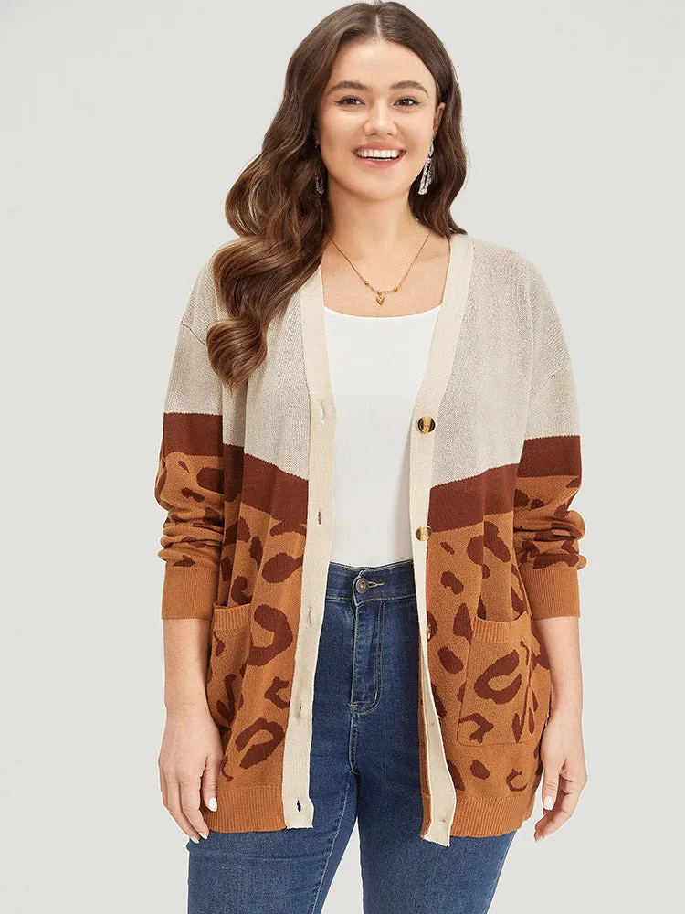 Leopard Print Contrast Button Down Patched Pocket Cardigan