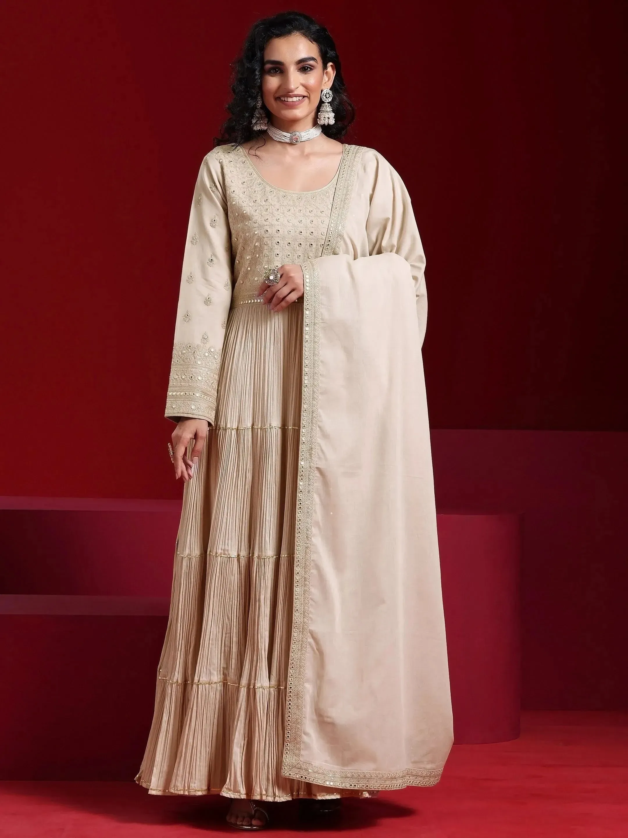 Libas Art Grey Embroidered Cotton Blend A-Line Kurta With Sharara & Dupatta