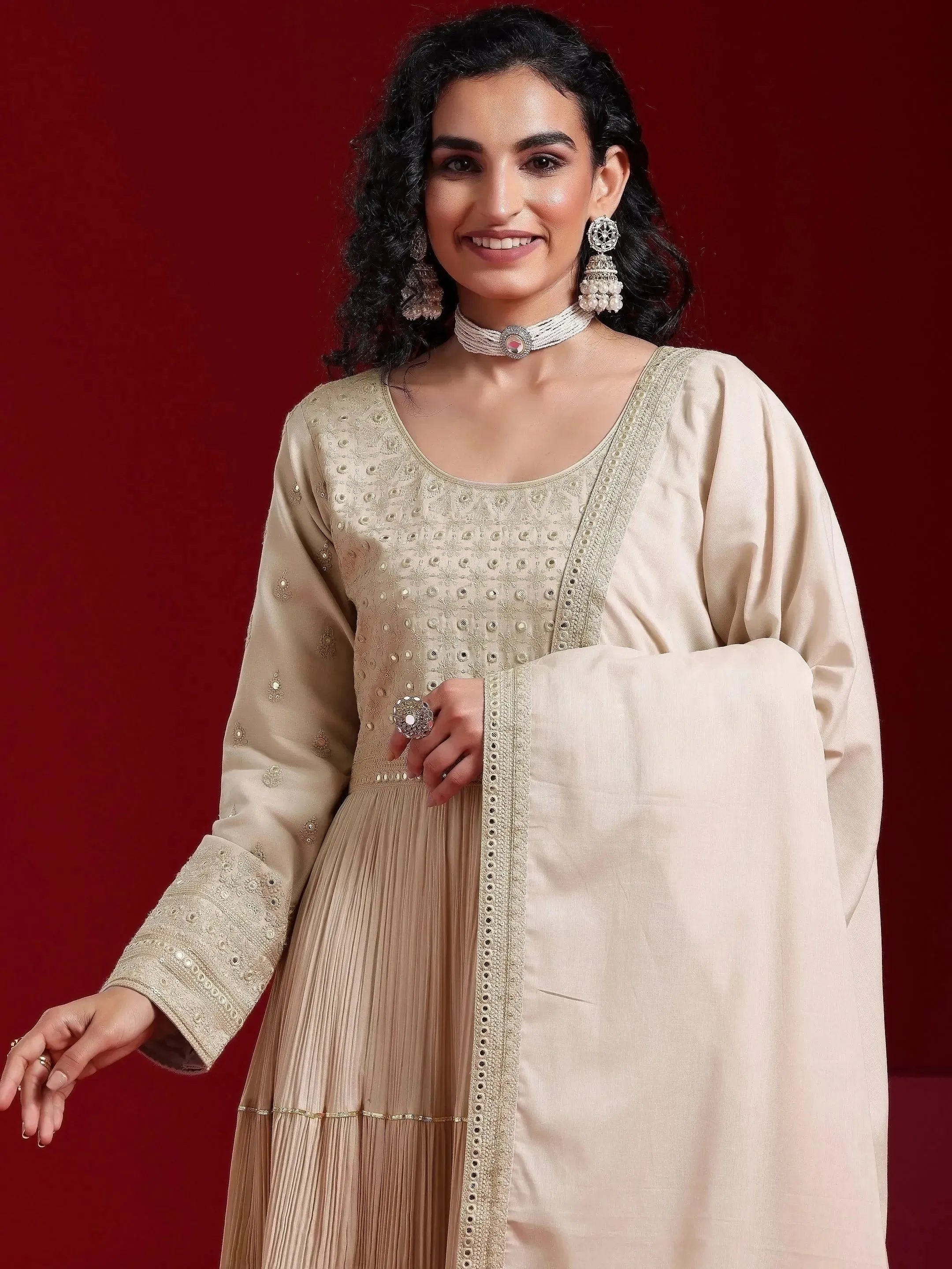 Libas Art Grey Embroidered Cotton Blend A-Line Kurta With Sharara & Dupatta