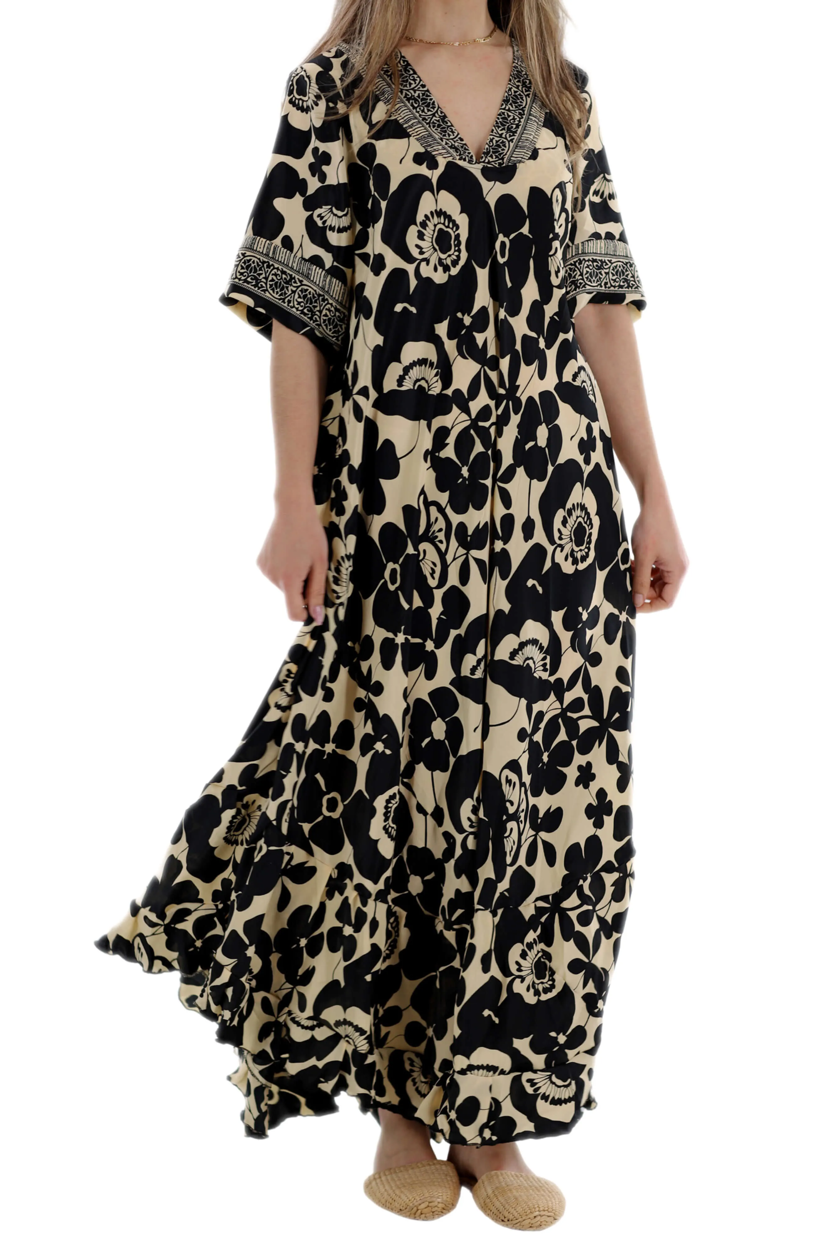 Long Flowy Floral 'Elisa' Maxi Dress in Gold