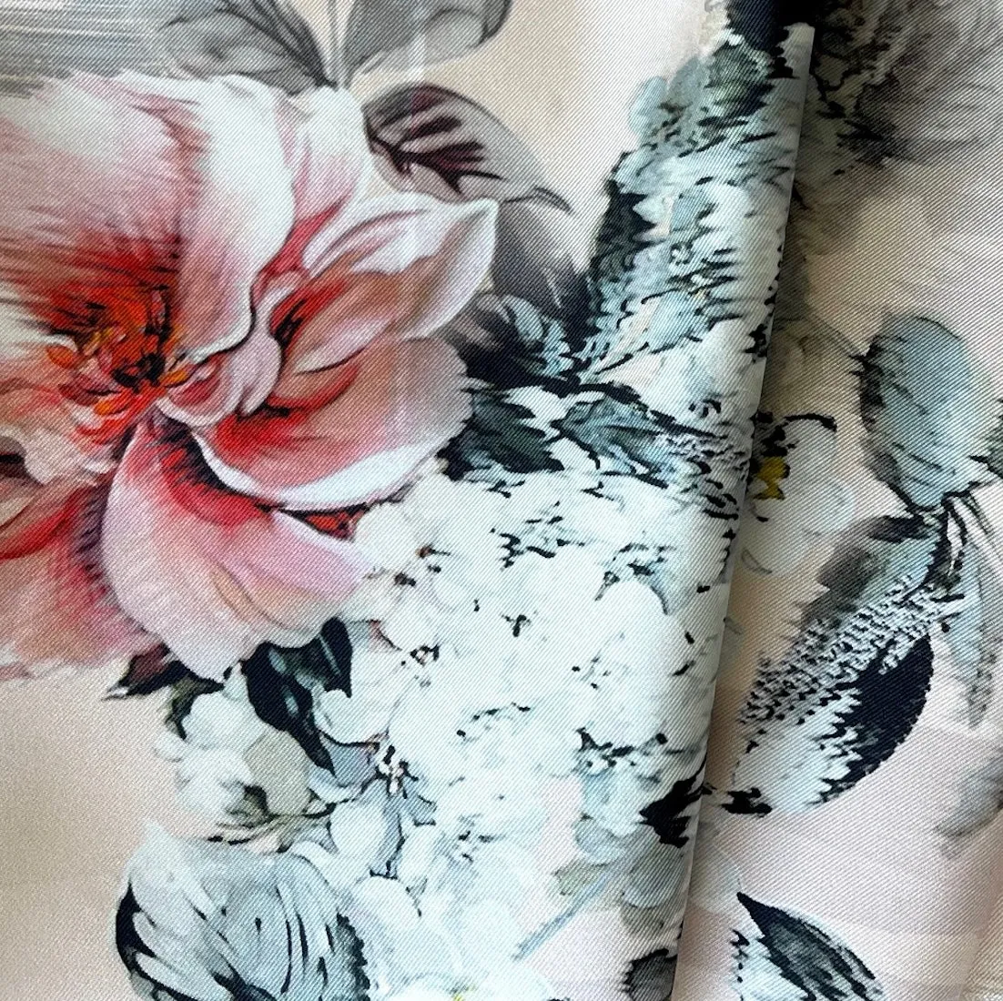 Lush Peonies on Apricot Cloud Silk Twill (Made in Italy)