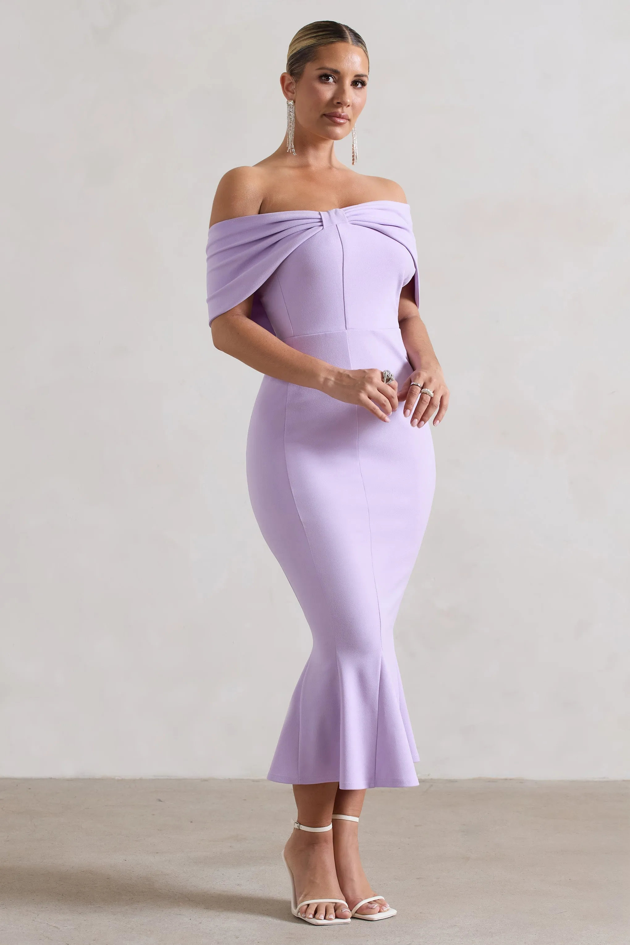 Lydia | Pastel Lilac Bardot Bow Detail Midi Dress