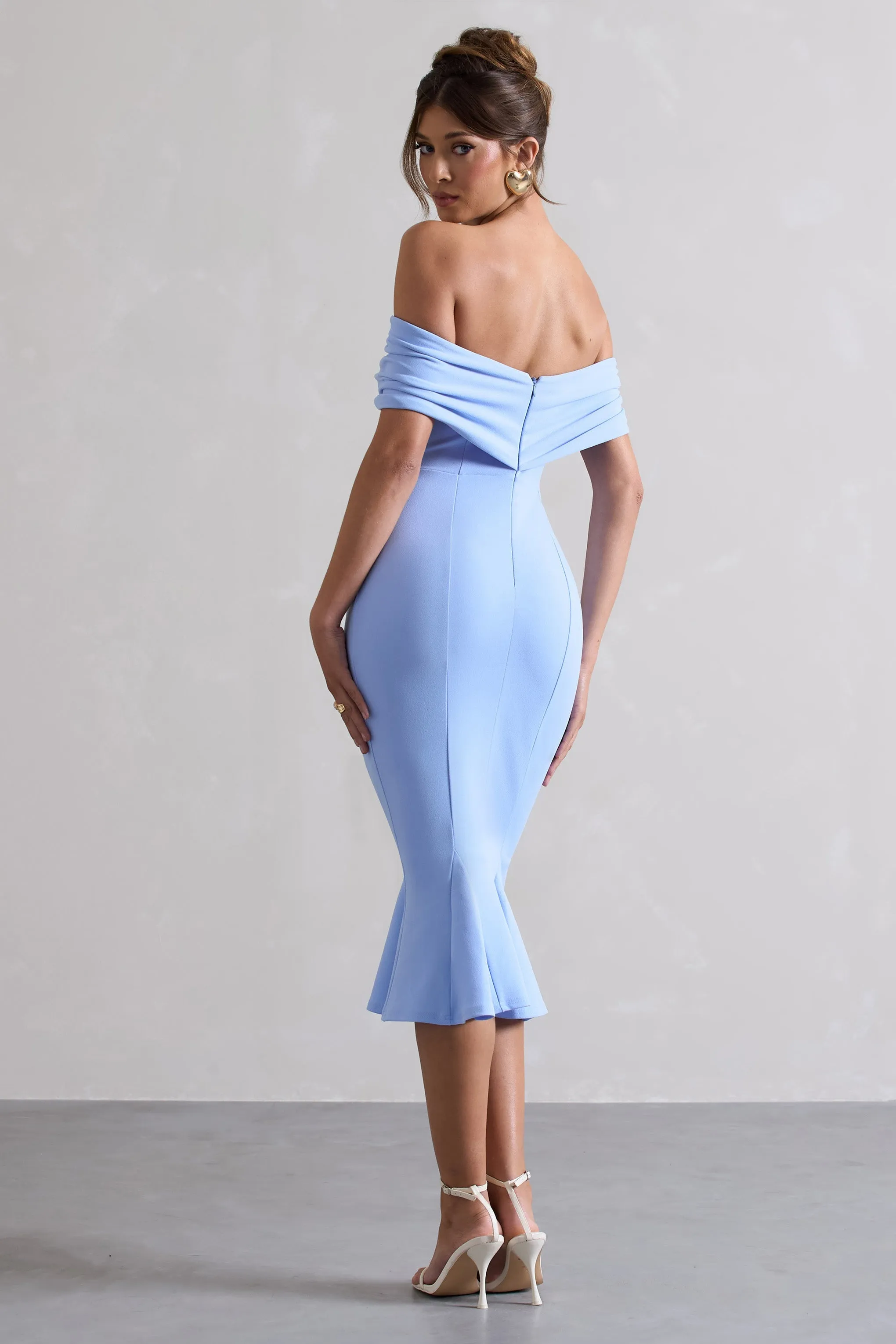 Lydia | Sky Blue Bardot Bow Detail Midi Dress