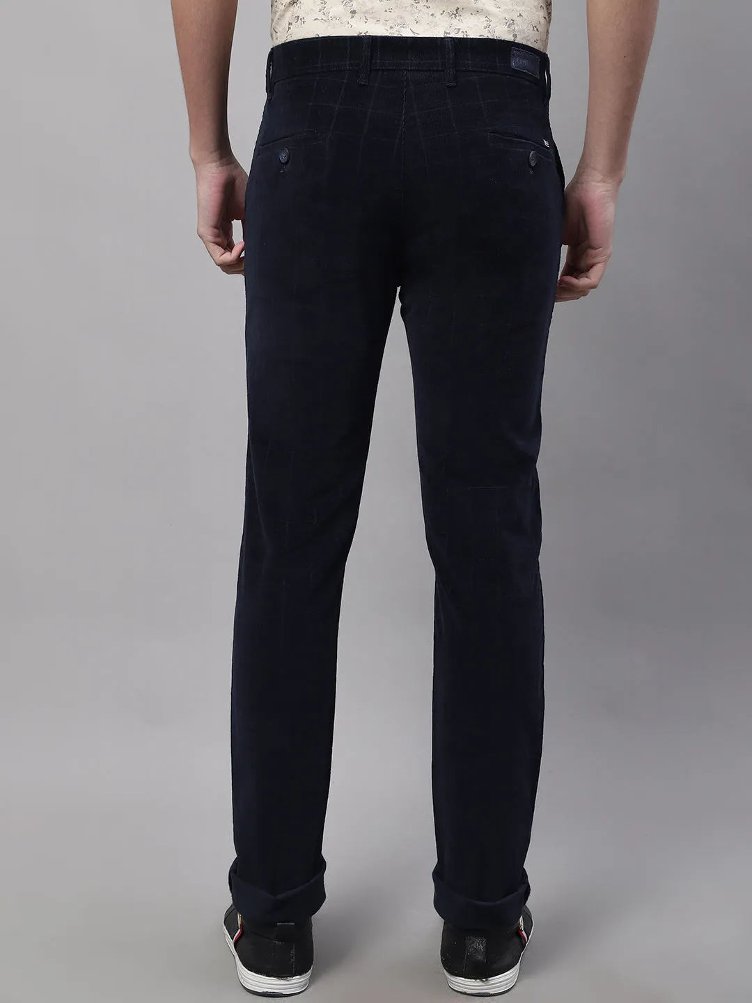 Men's Casual Flat front Navy Blue Corduroy Checks Trousers