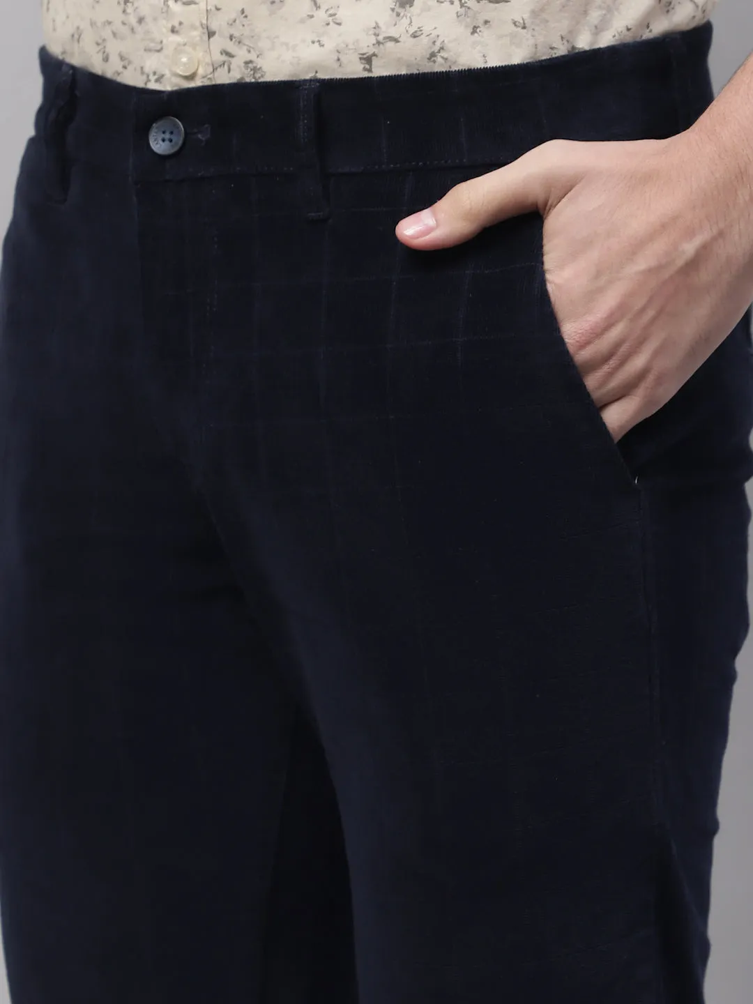 Men's Casual Flat front Navy Blue Corduroy Checks Trousers