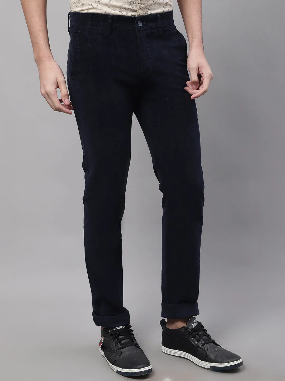 Men's Casual Flat front Navy Blue Corduroy Checks Trousers