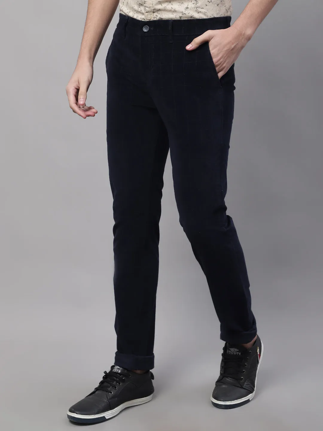 Men's Casual Flat front Navy Blue Corduroy Checks Trousers