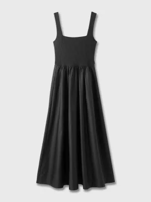 Mixed-media square neck black dress