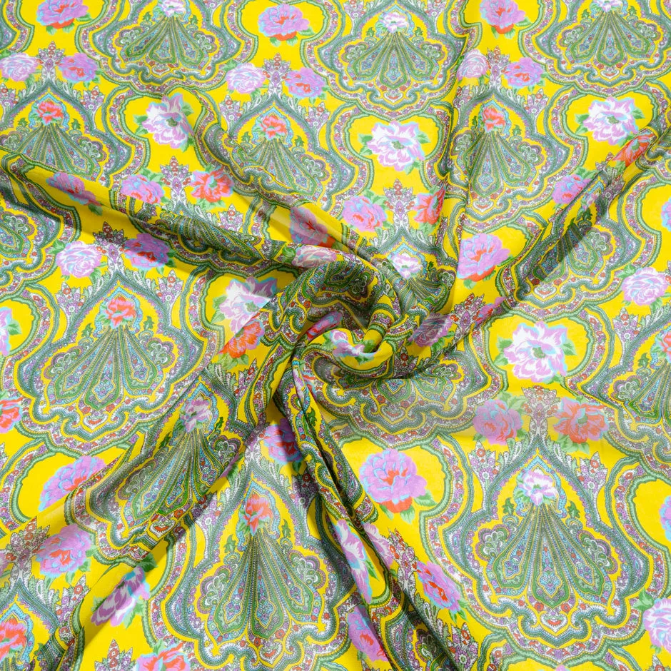 Multi-Coloured Paisley Printed Yellow Silk Georgette