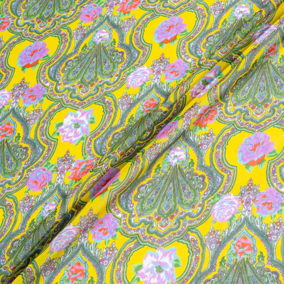 Multi-Coloured Paisley Printed Yellow Silk Georgette