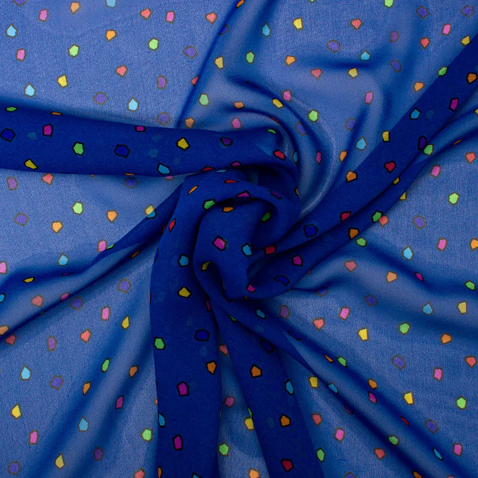 Multi-Coloured Printed Royal Blue Silk Georgette