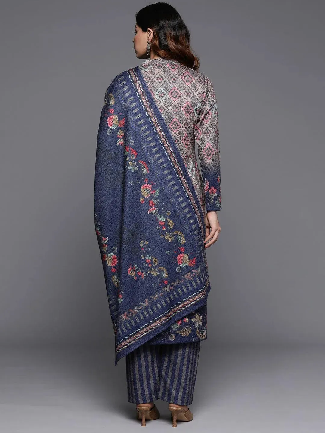 Multicoloured Printed Wool Blend Straight Suit With Dupatta