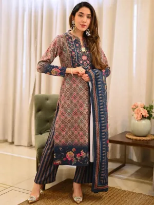 Multicoloured Printed Wool Blend Straight Suit With Dupatta