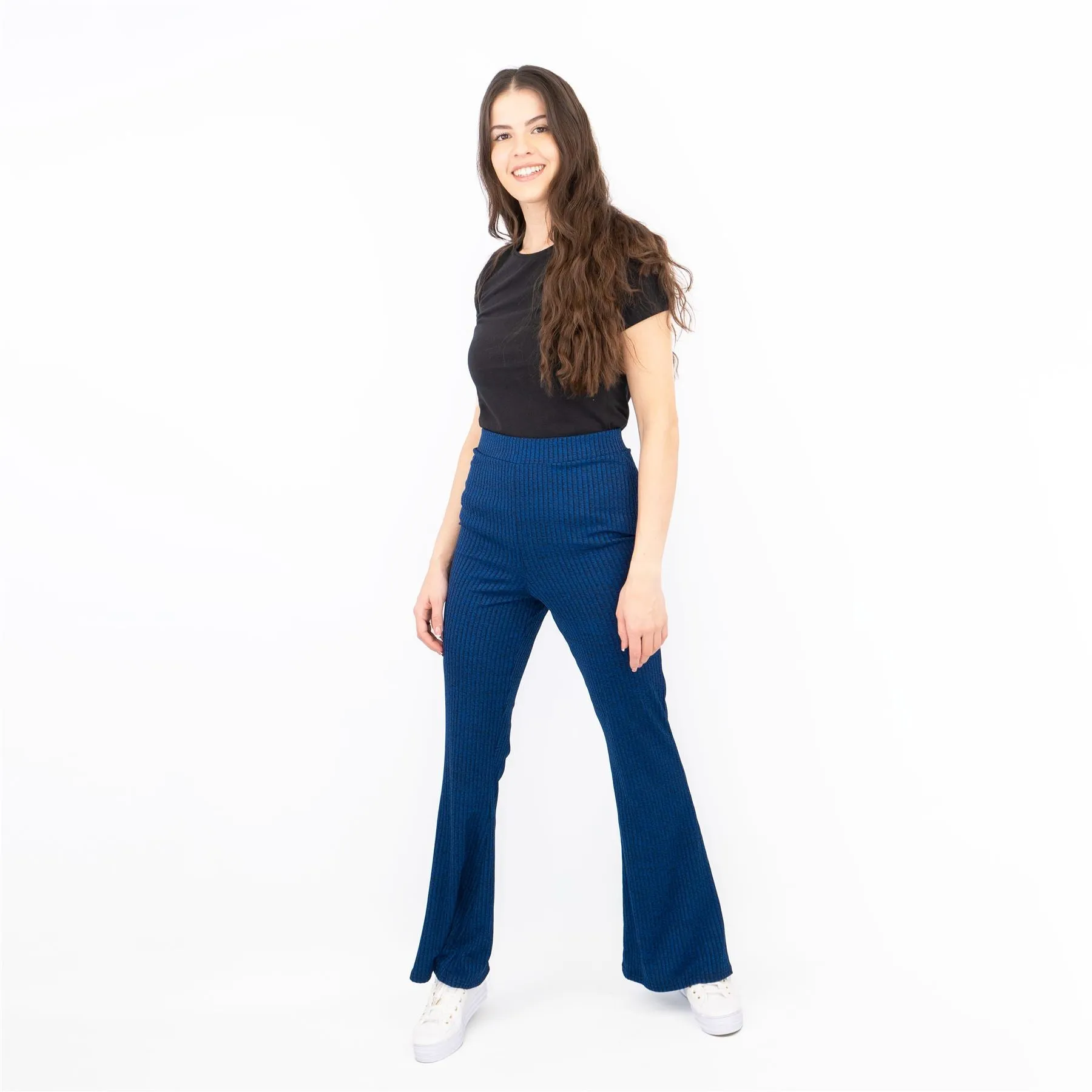 Nasty Gal Blue Ribbed Pull-On Flared Trousers