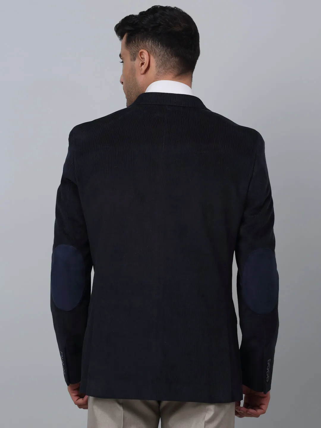 Navy Blue Solid Full Sleeves Formal Blazer For Men