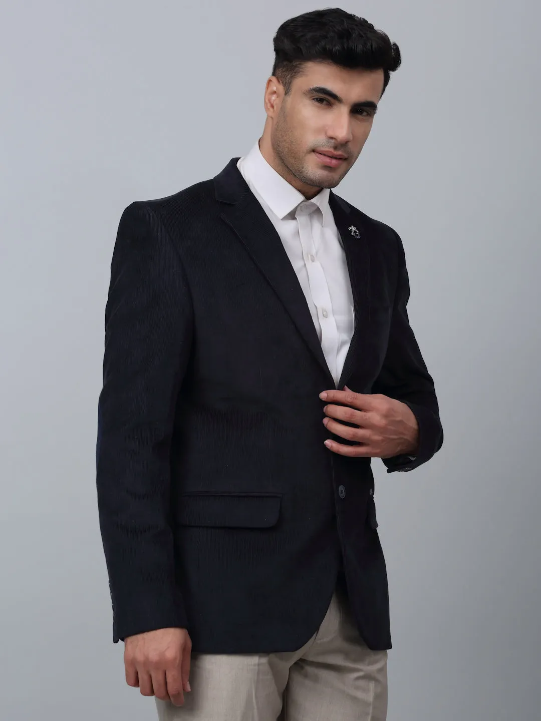 Navy Blue Solid Full Sleeves Formal Blazer For Men