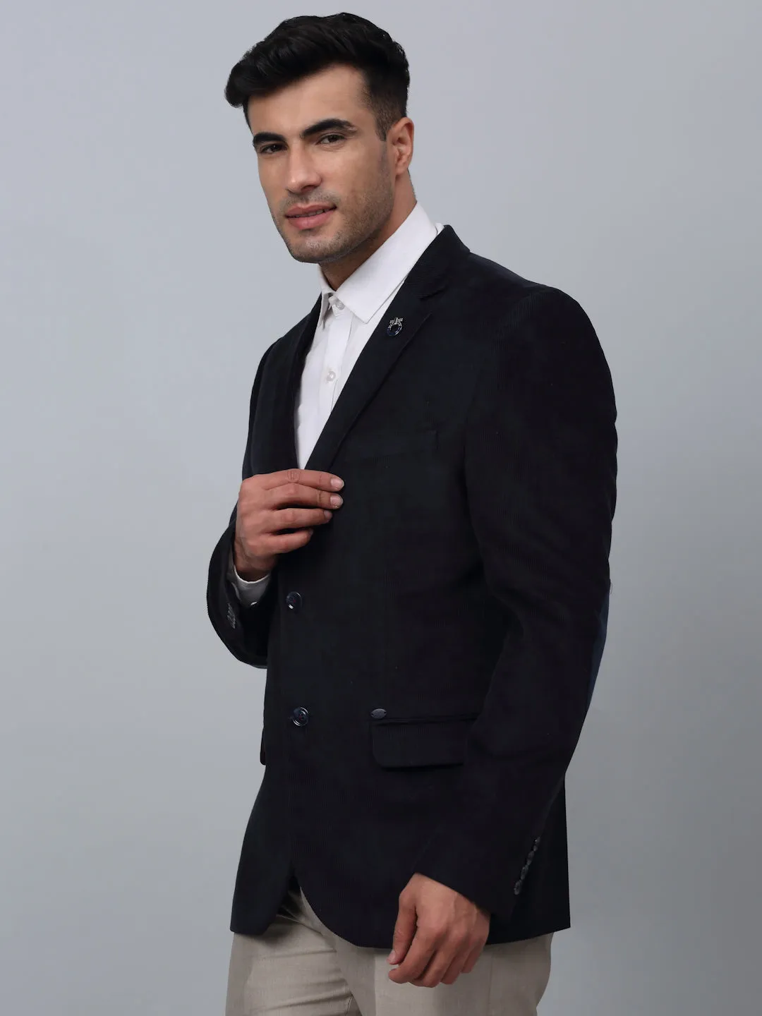 Navy Blue Solid Full Sleeves Formal Blazer For Men