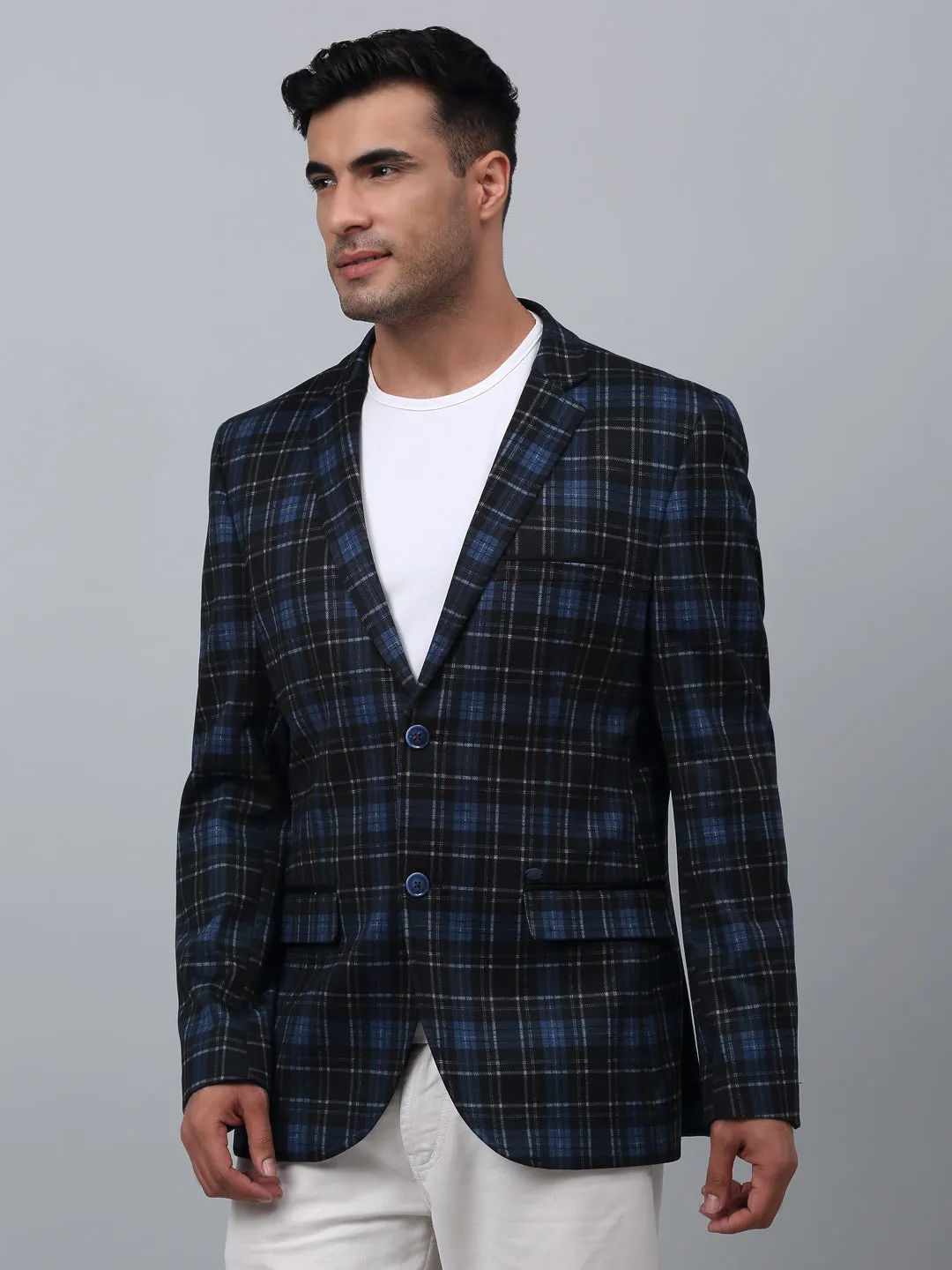 Navy Checkered Full Sleeves Casual Blazer For Men