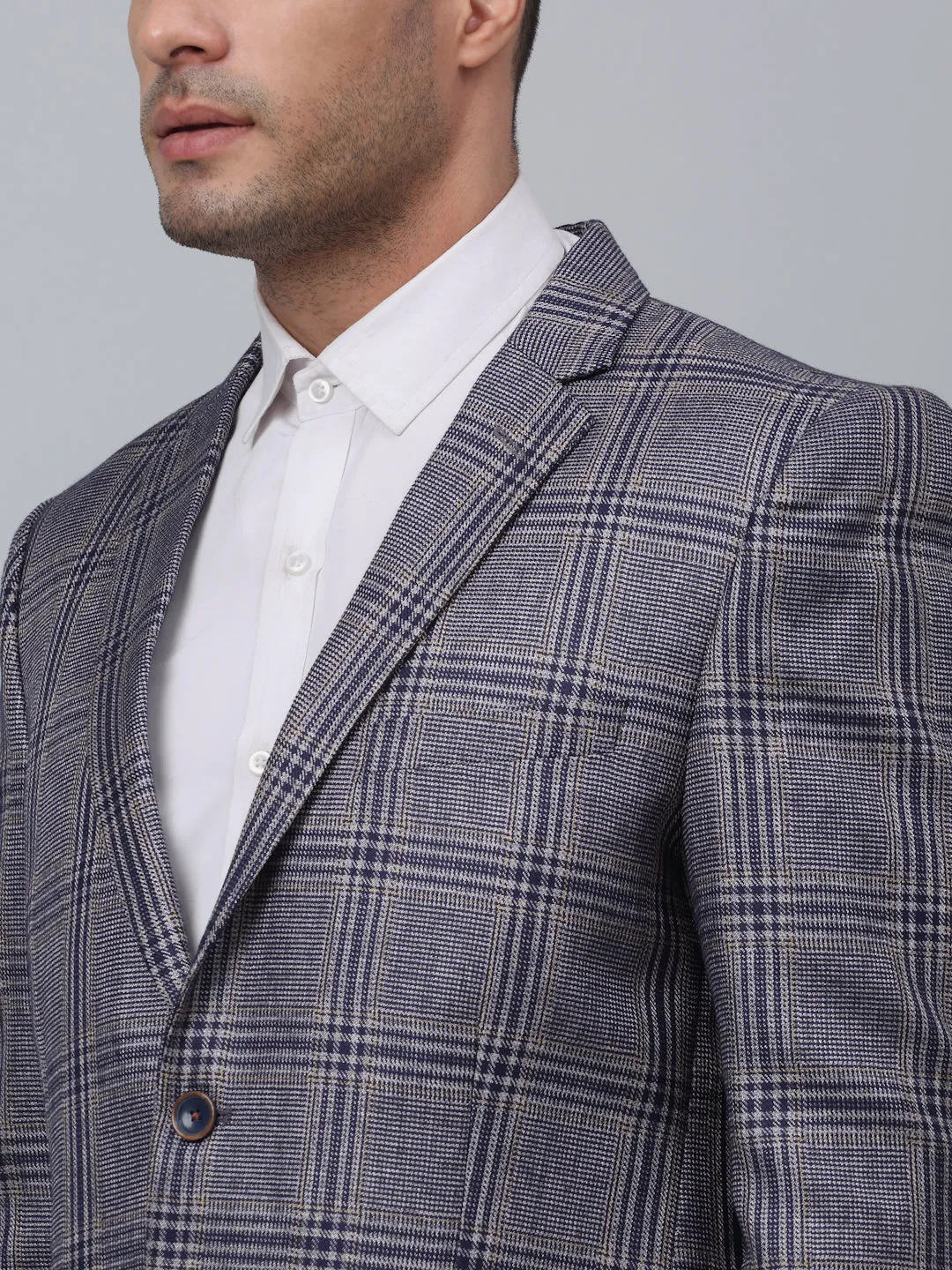 Navy Checkered Full Sleeves Formal Blazer For Men