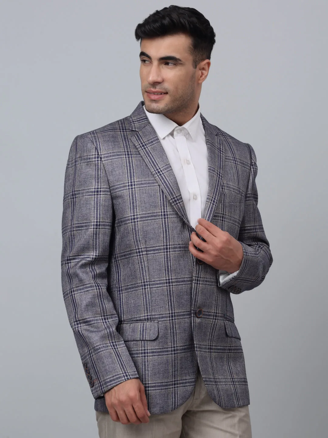 Navy Checkered Full Sleeves Formal Blazer For Men