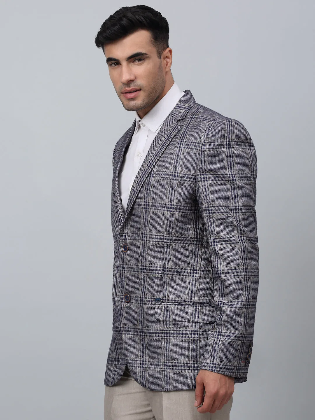 Navy Checkered Full Sleeves Formal Blazer For Men