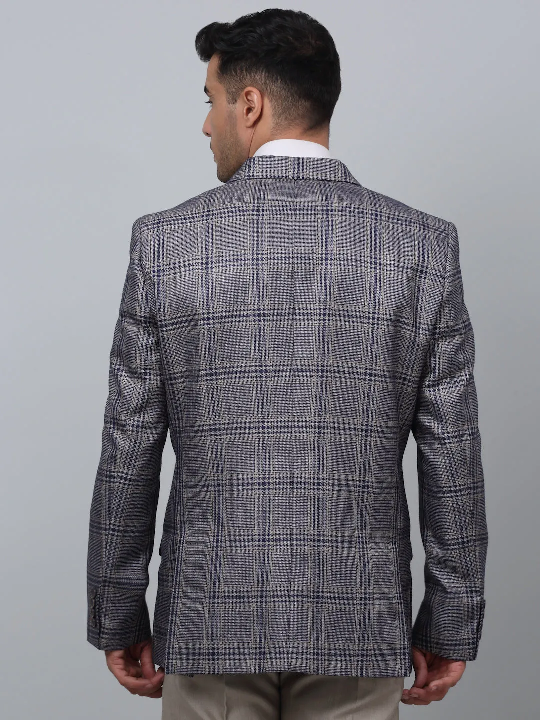 Navy Checkered Full Sleeves Formal Blazer For Men