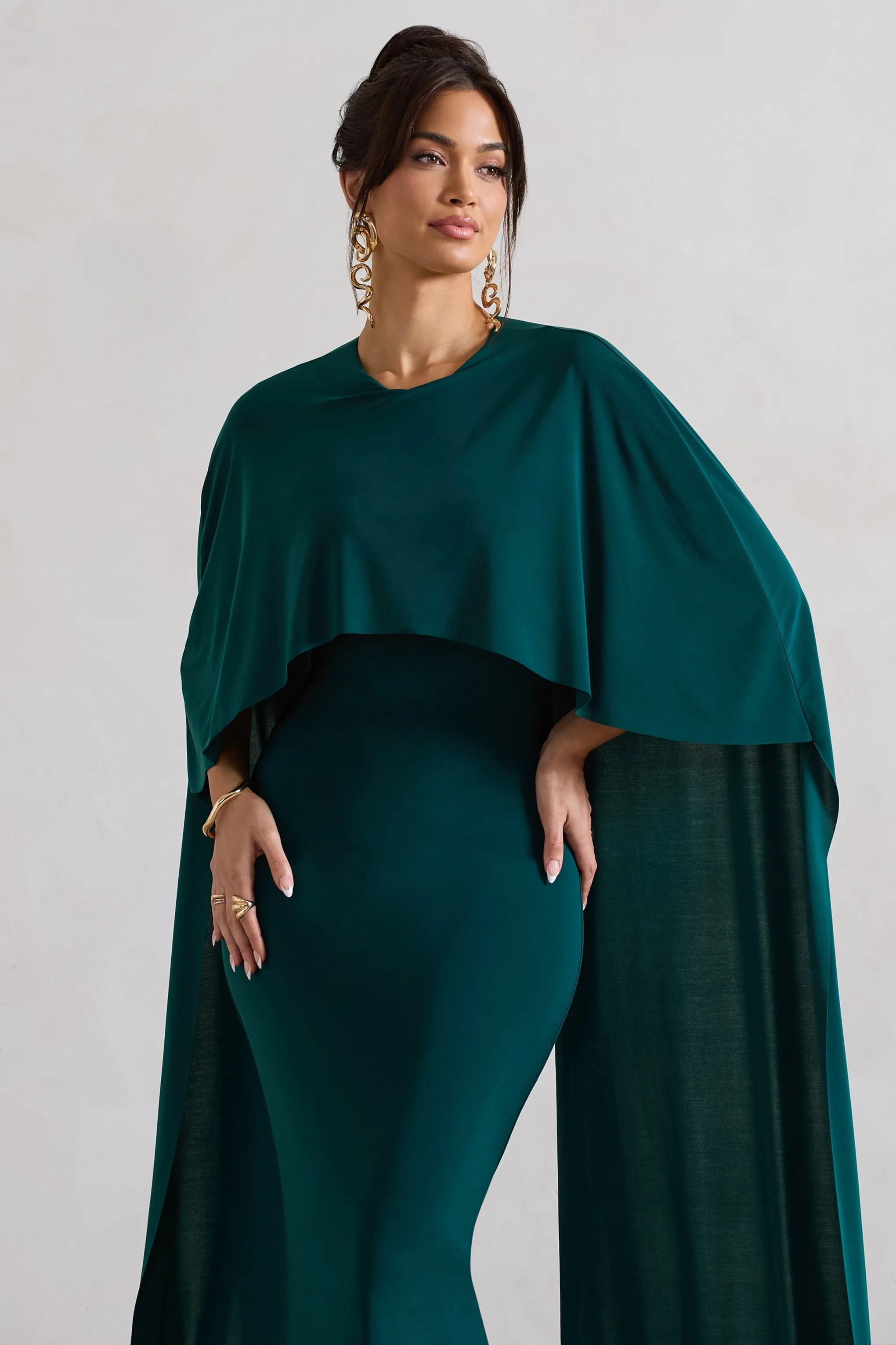 Padma | Bottle Green Draped Maxi Dress With Cape Sleeves