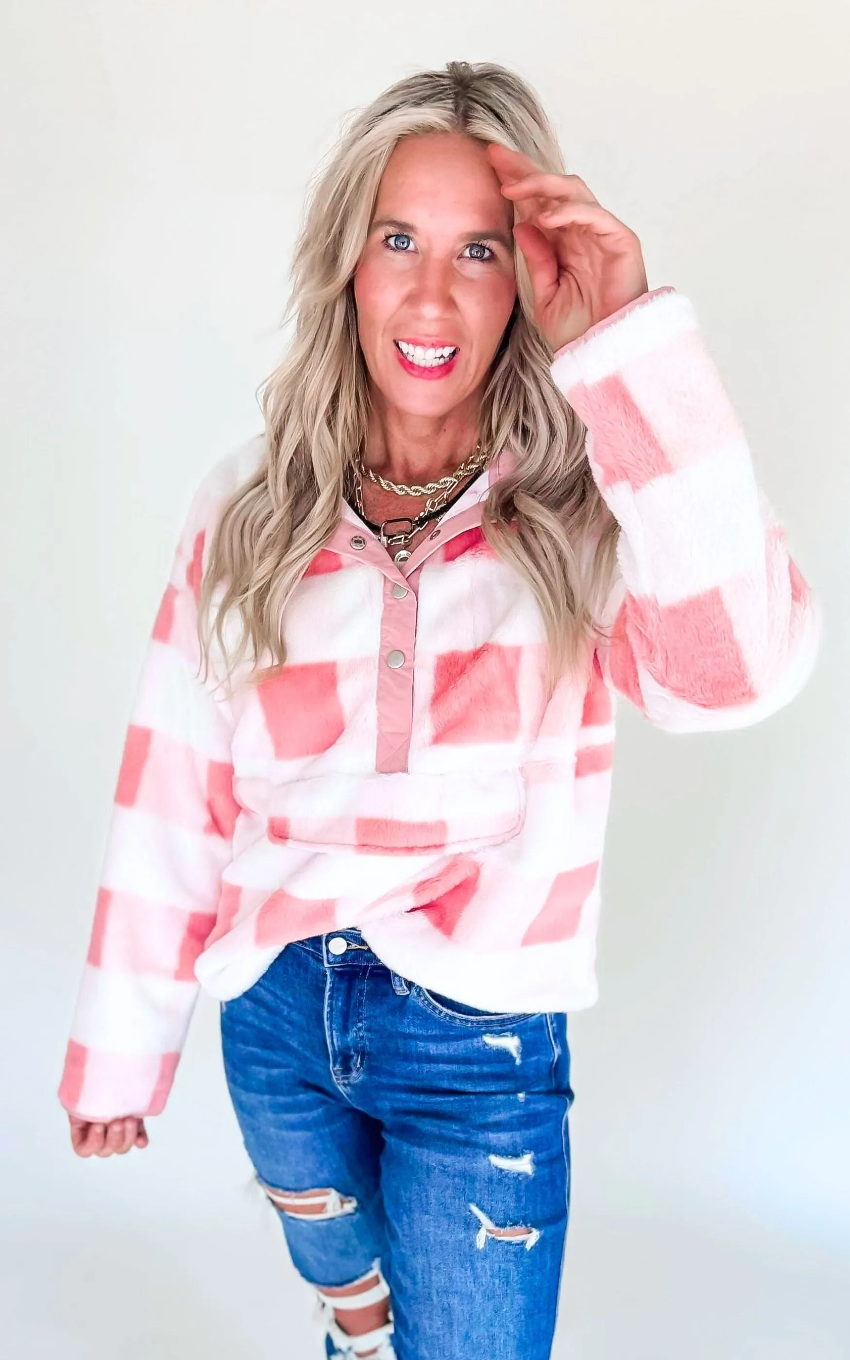 Peach Coral Soft Fur Plaid Pullover