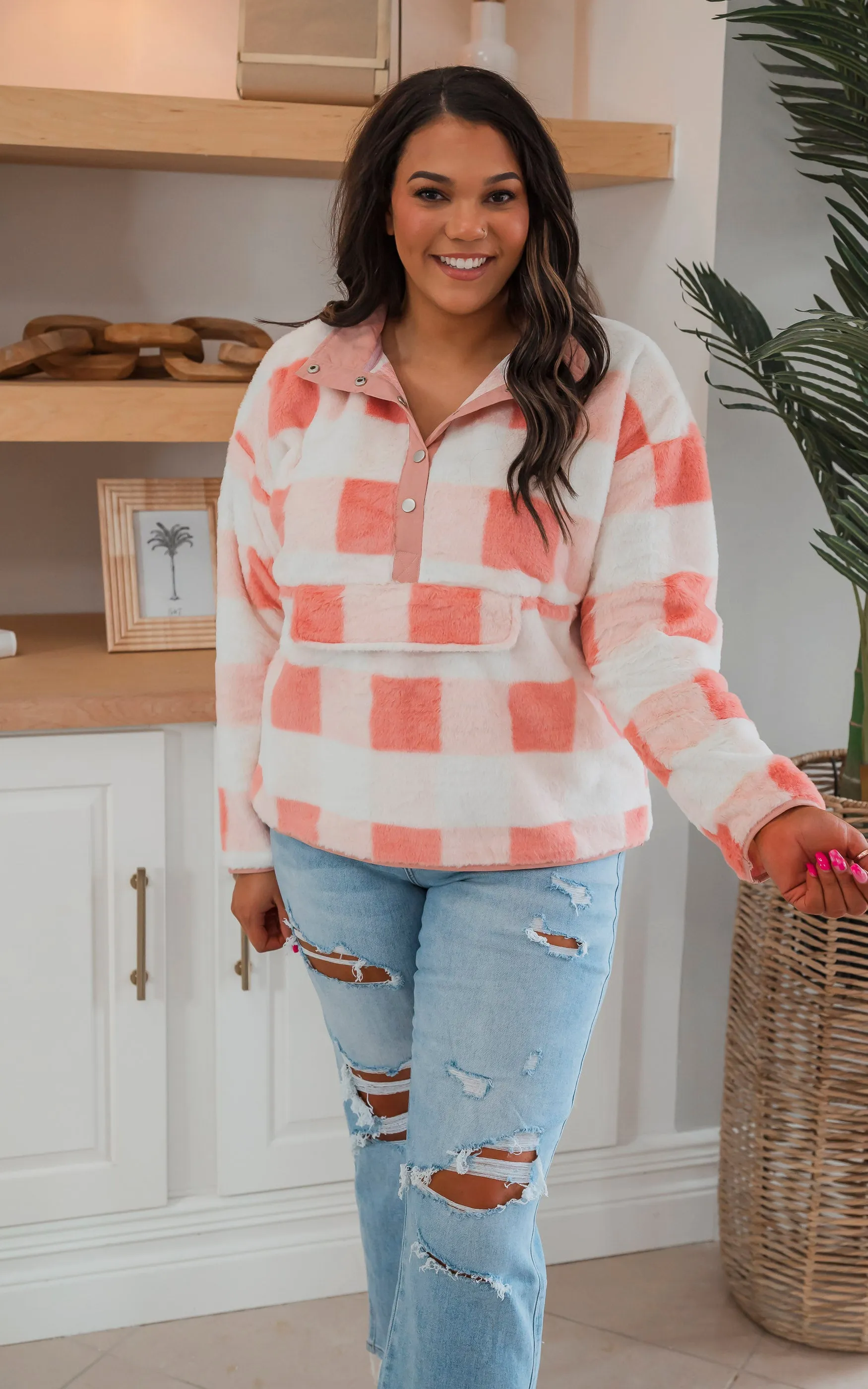 Peach Coral Soft Fur Plaid Pullover