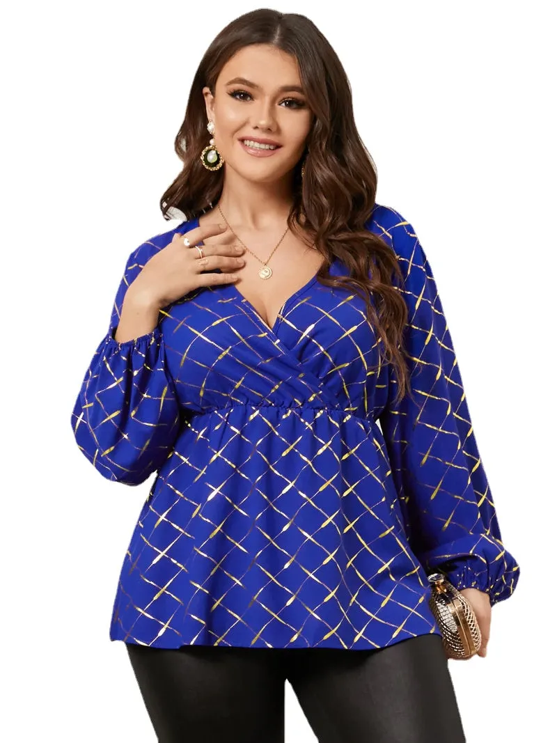 Plus Size V-neck Plaid Crossed Front Design Blouse