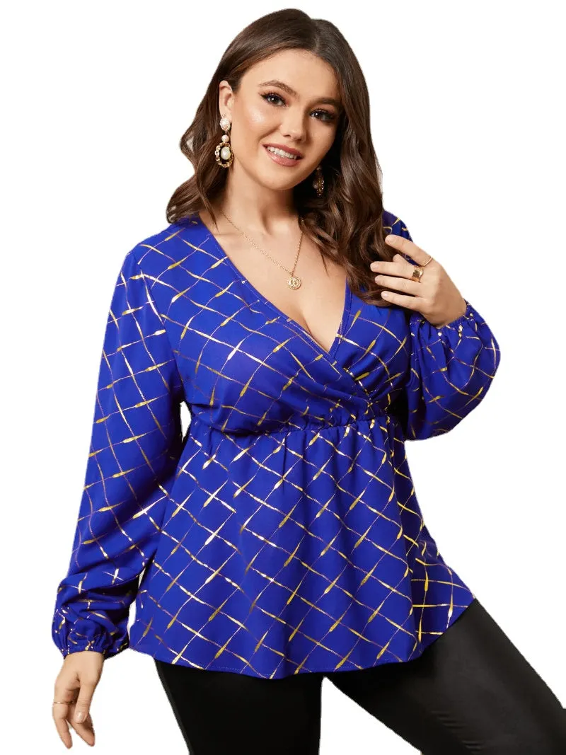 Plus Size V-neck Plaid Crossed Front Design Blouse