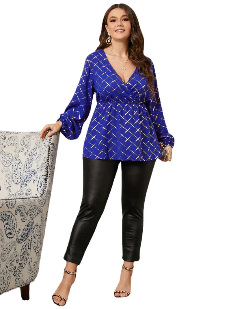 Plus Size V-neck Plaid Crossed Front Design Blouse