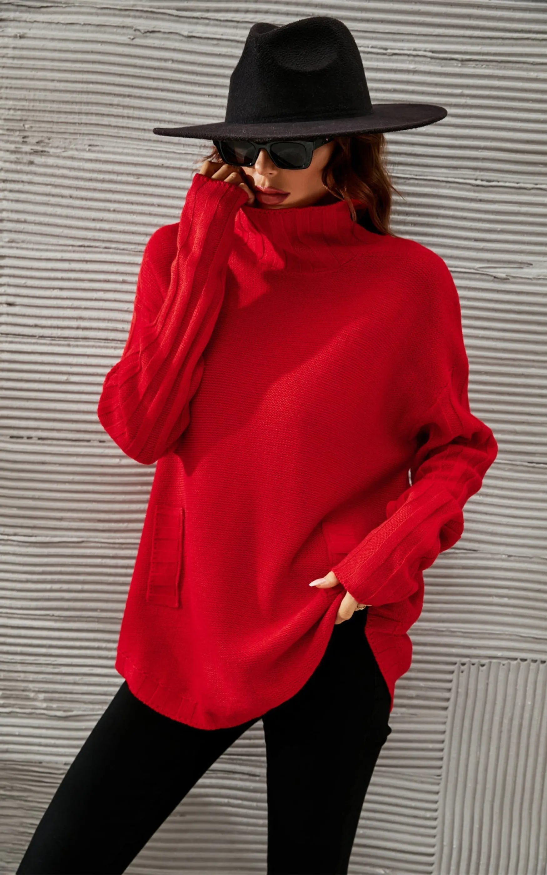 Pullover Red Turtleneck Knitted Sweater