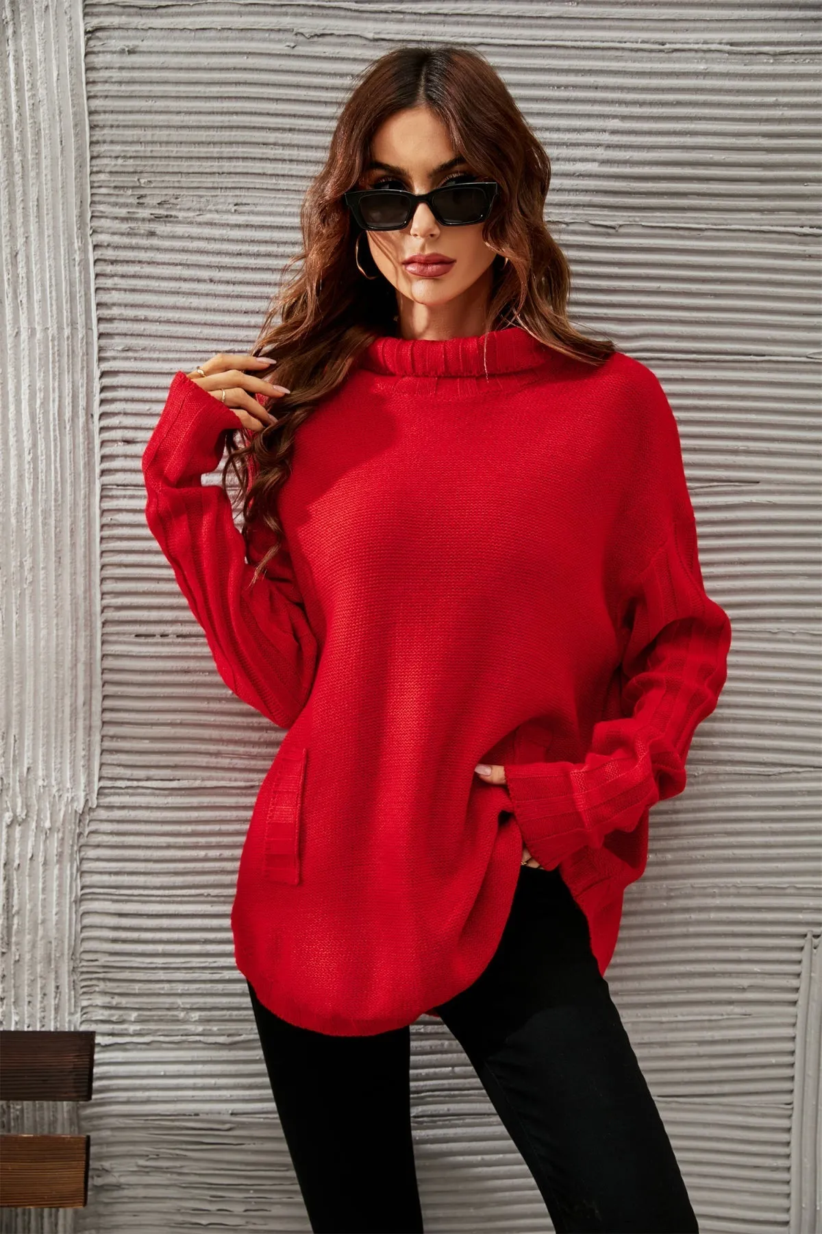 Pullover Red Turtleneck Knitted Sweater