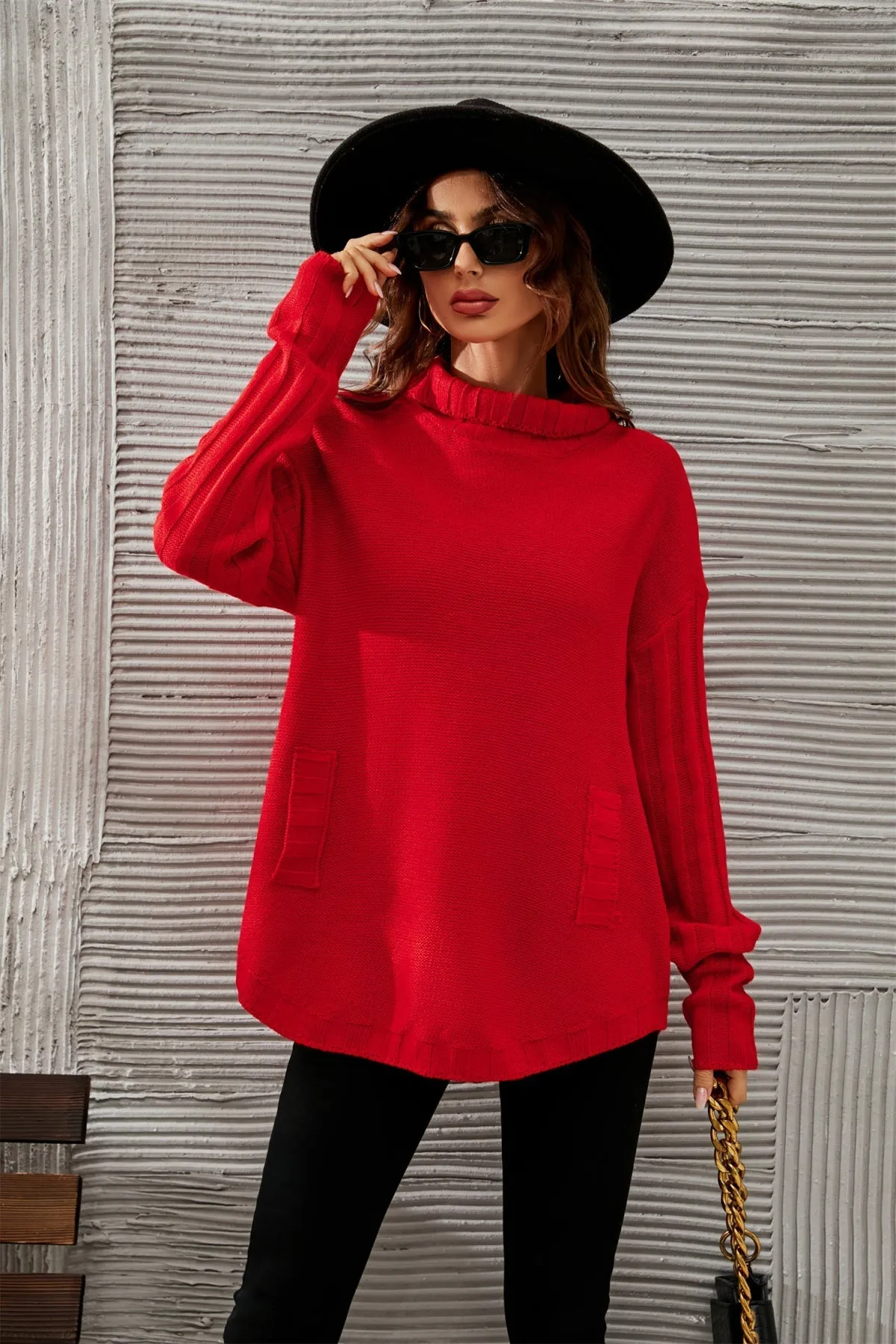 Pullover Red Turtleneck Knitted Sweater