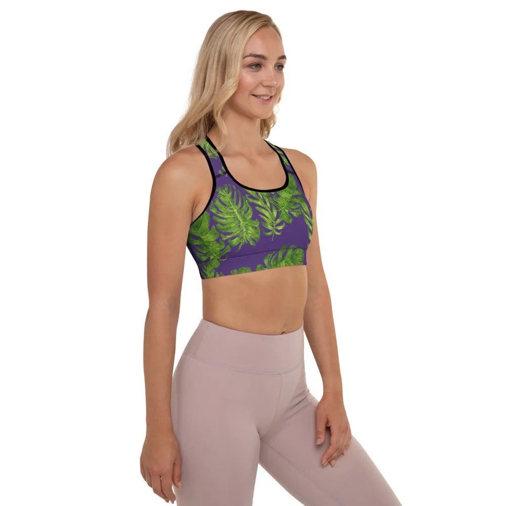 Purple Tropical Padded Sports Bra, Hawaiian Style Leaves Print Workout Bra-Made in USA/EU/MX