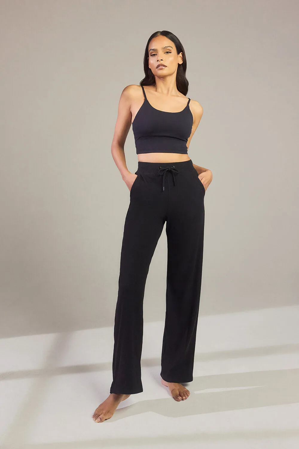 Ribbed Wide Leg Trousers - Black