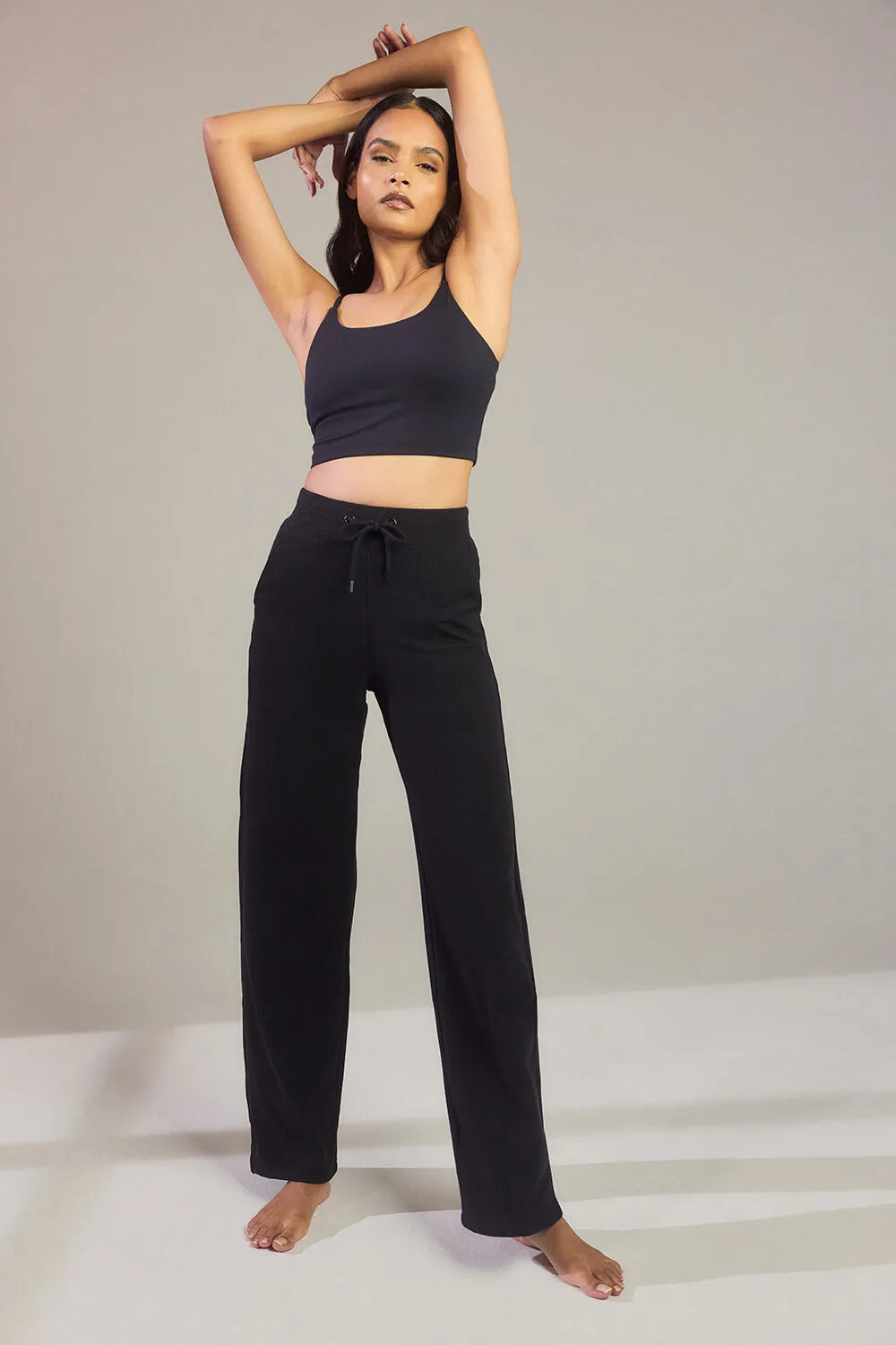 Ribbed Wide Leg Trousers - Black