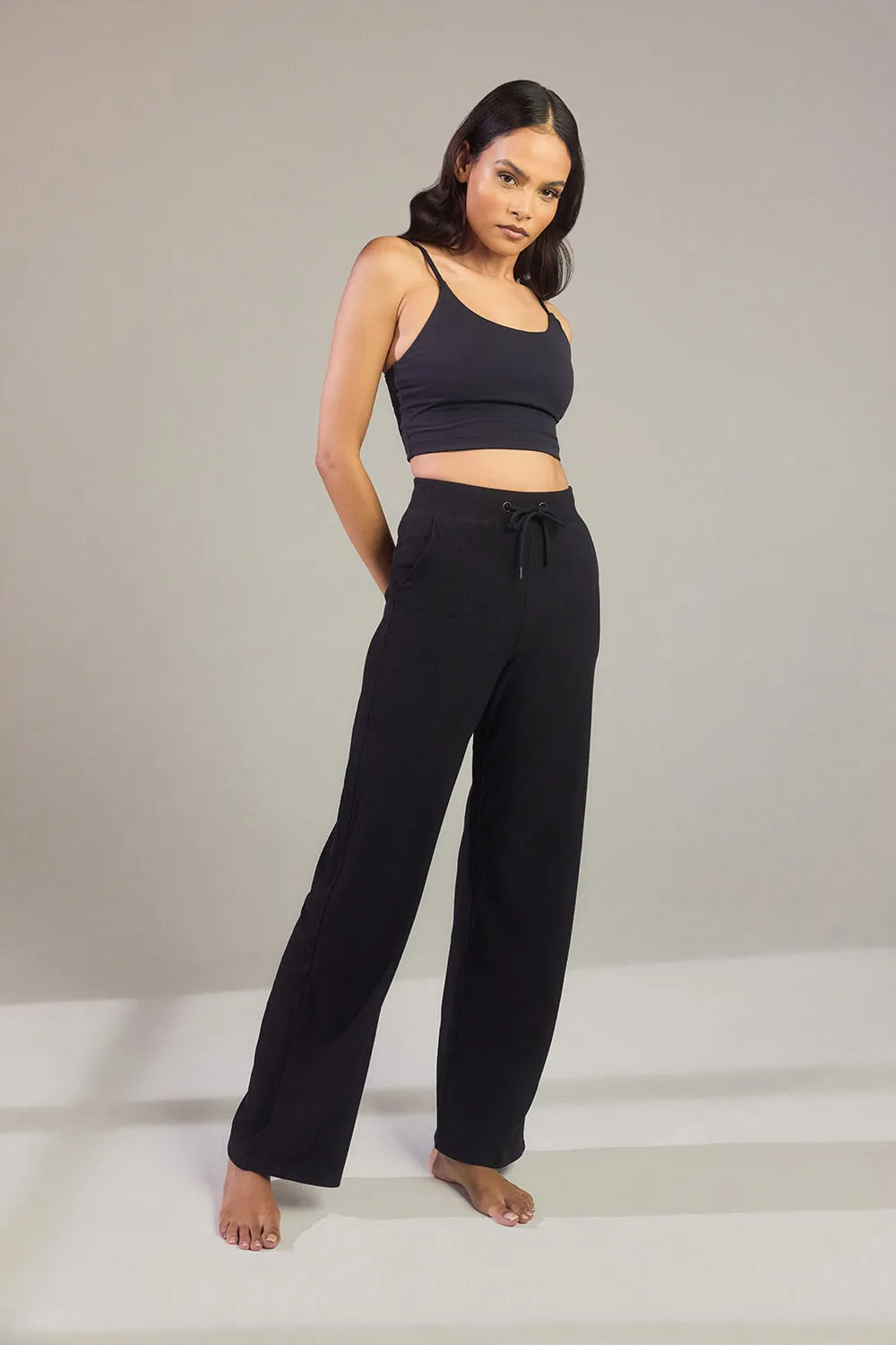 Ribbed Wide Leg Trousers - Black