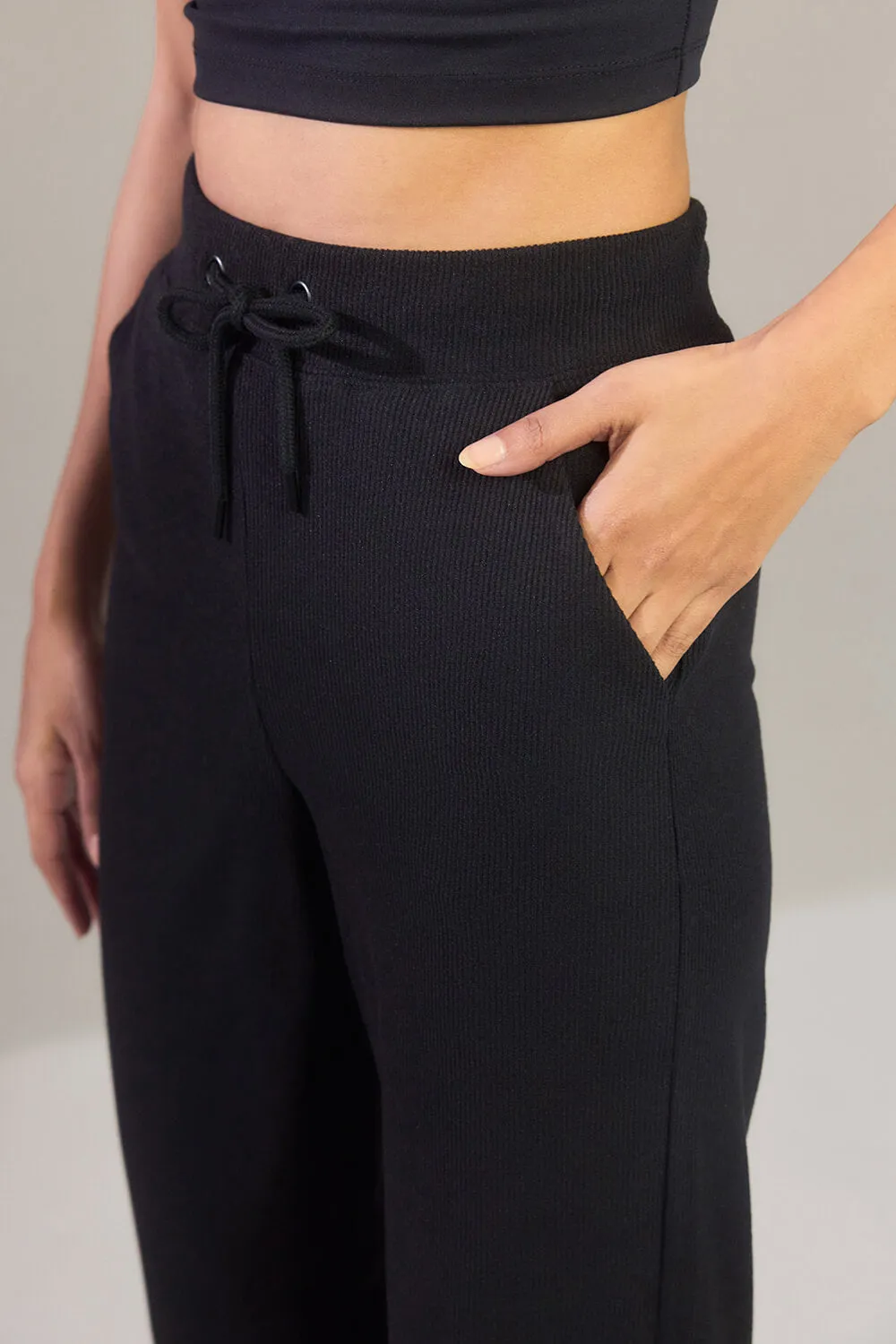 Ribbed Wide Leg Trousers - Black