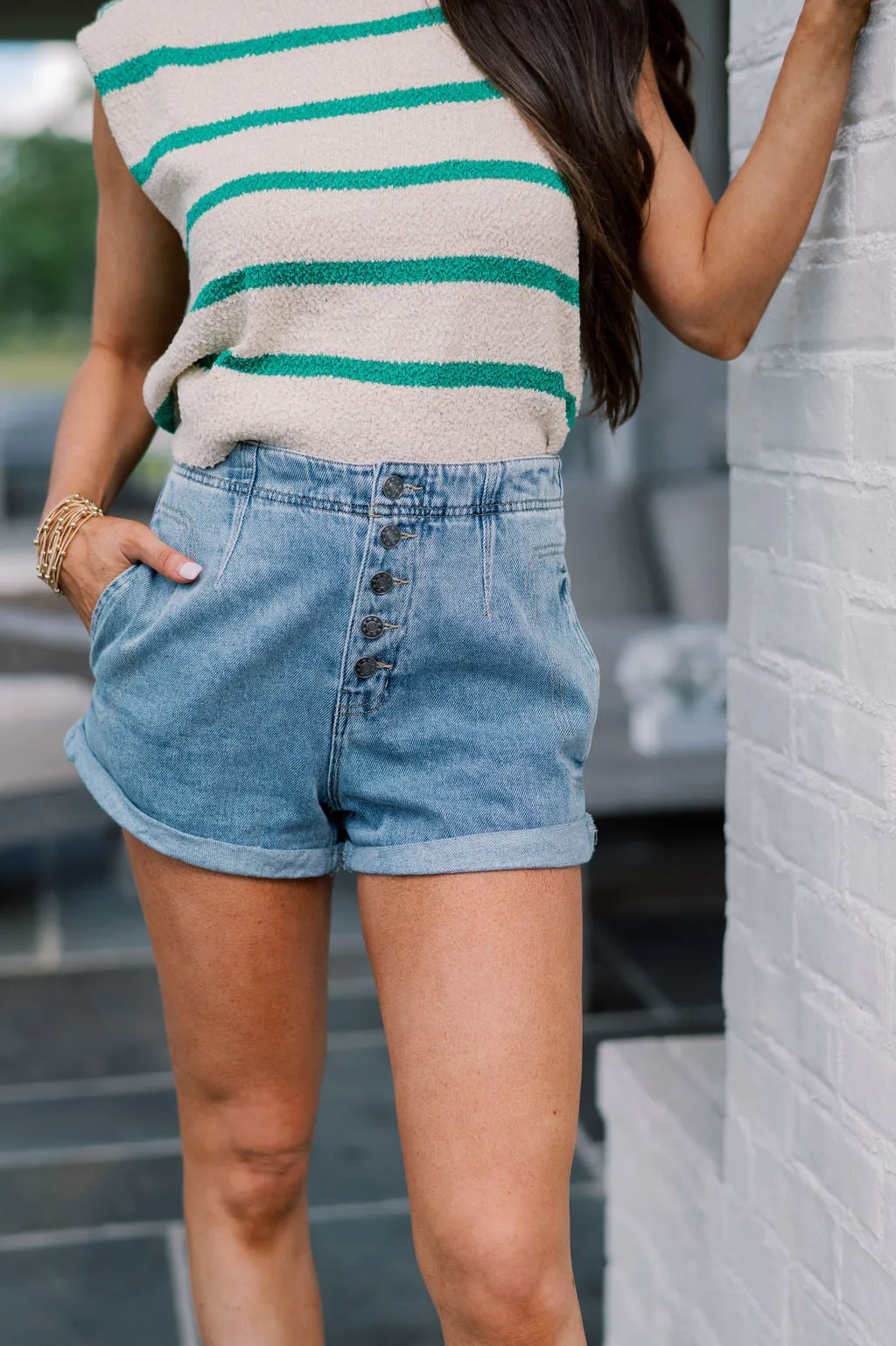 Roll Up Denim Shorts-Washed Denim