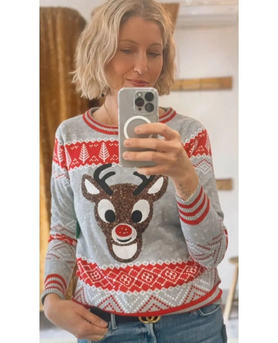 Rudolph Light Up Christmas Sweater Gray