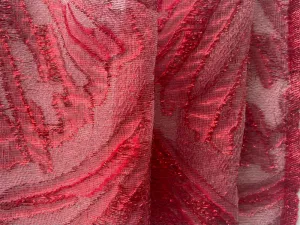 Semi-Sheer Art Deco Metallic Cherry Red Fan Cloqué Polyester Organza Brocade (Made in Italy)