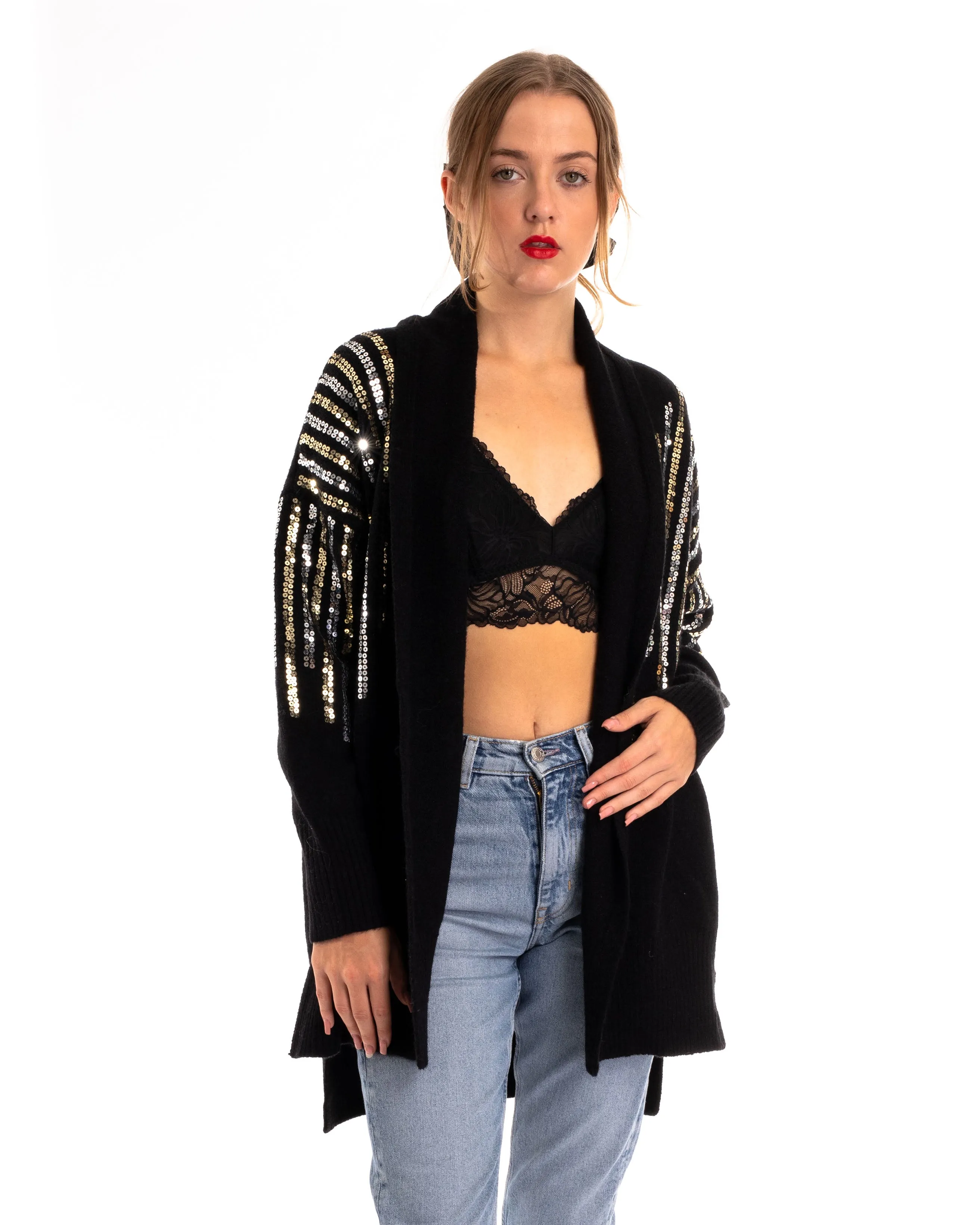 Sequin embellished shoulder and front soft knit cardigan in black