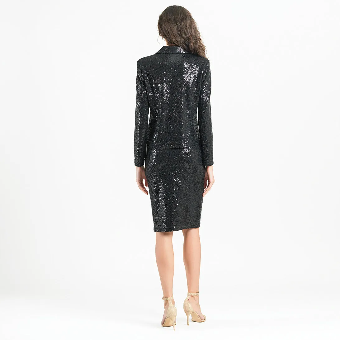 Sequin Knit - Modern Button Blazer - Black