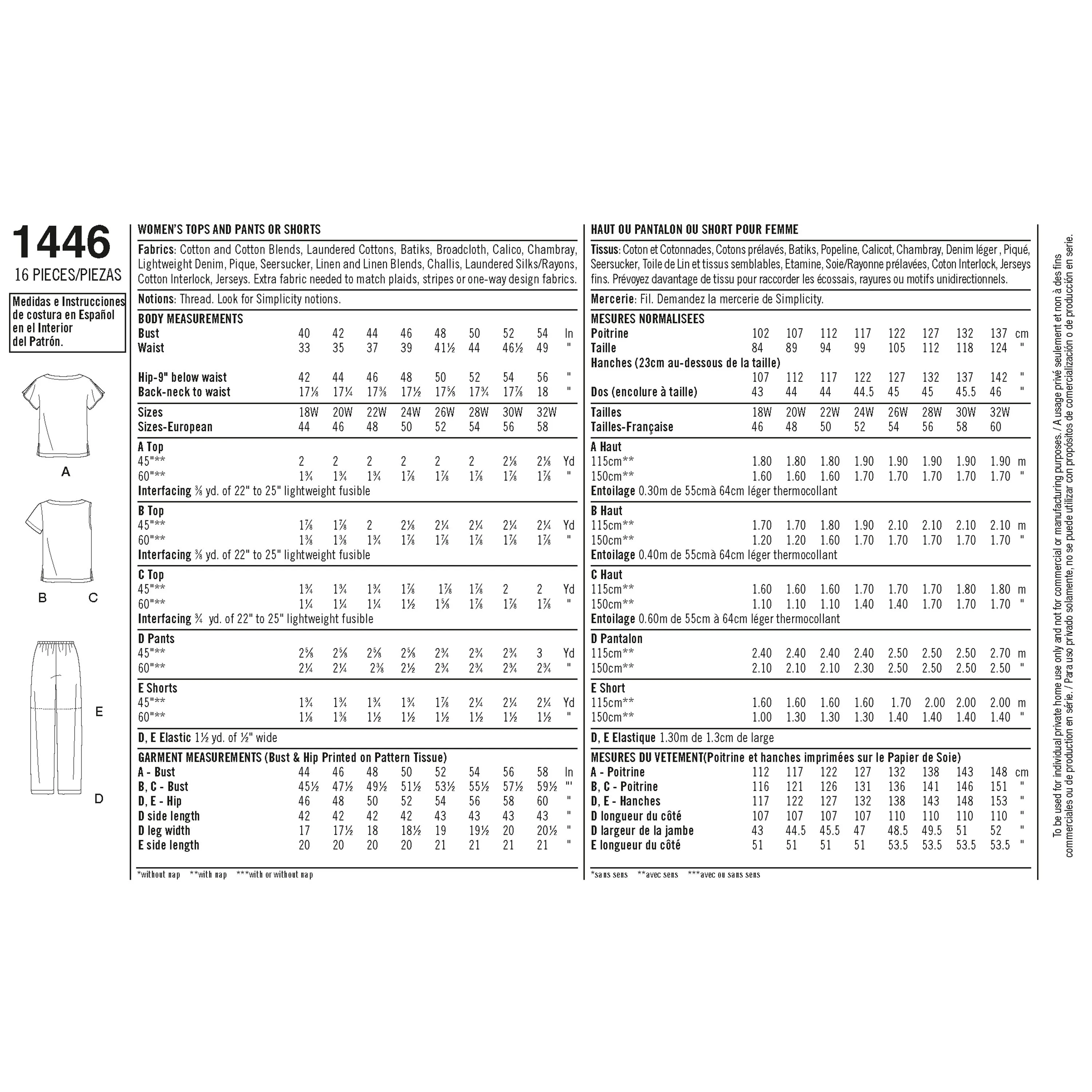 Simplicity Pattern 1446  Six Made Easy Pull on Tops and Trousers or Shorts for Plus Size