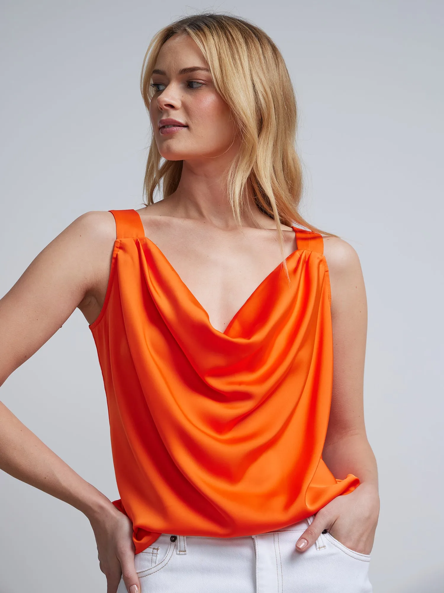 Sleeveless Cowl-Neck Satin-Effect Blouse