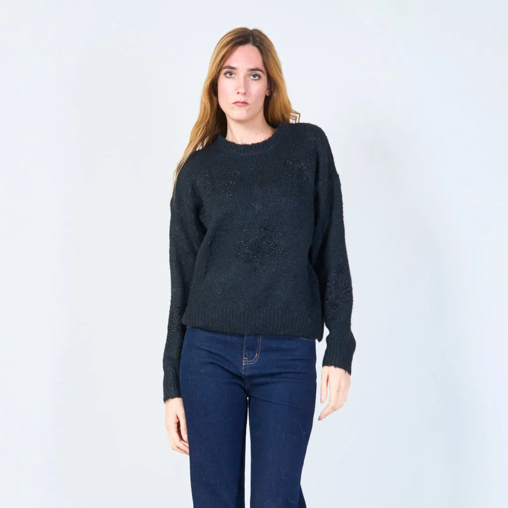 Soft knit sweater with subtle embroidery wholesale