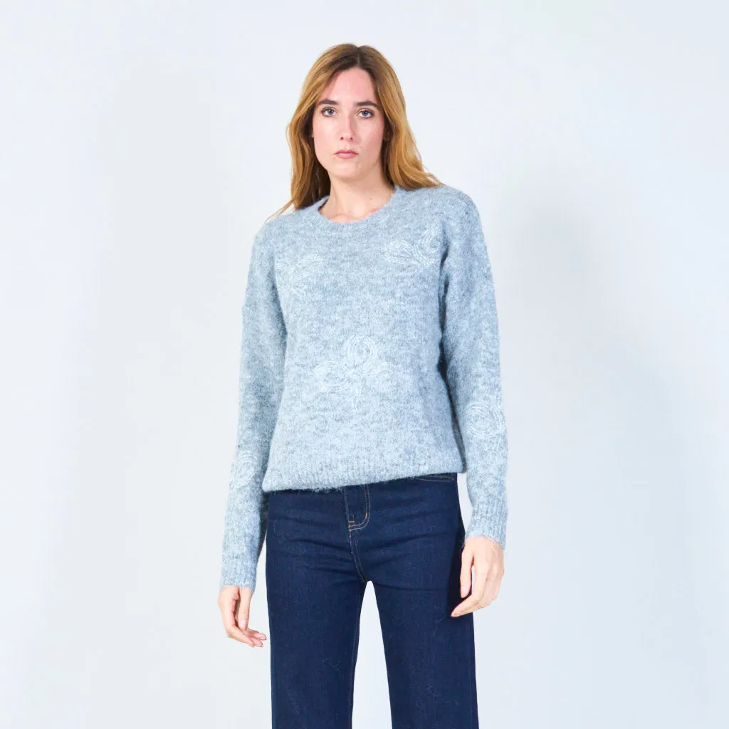 Soft knit sweater with subtle embroidery wholesale